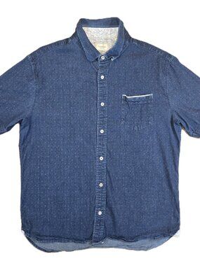 7Diamonds Audio Tree Denim Stretch Shirt Men’s XL Blue Pink Geo Short Sleeve